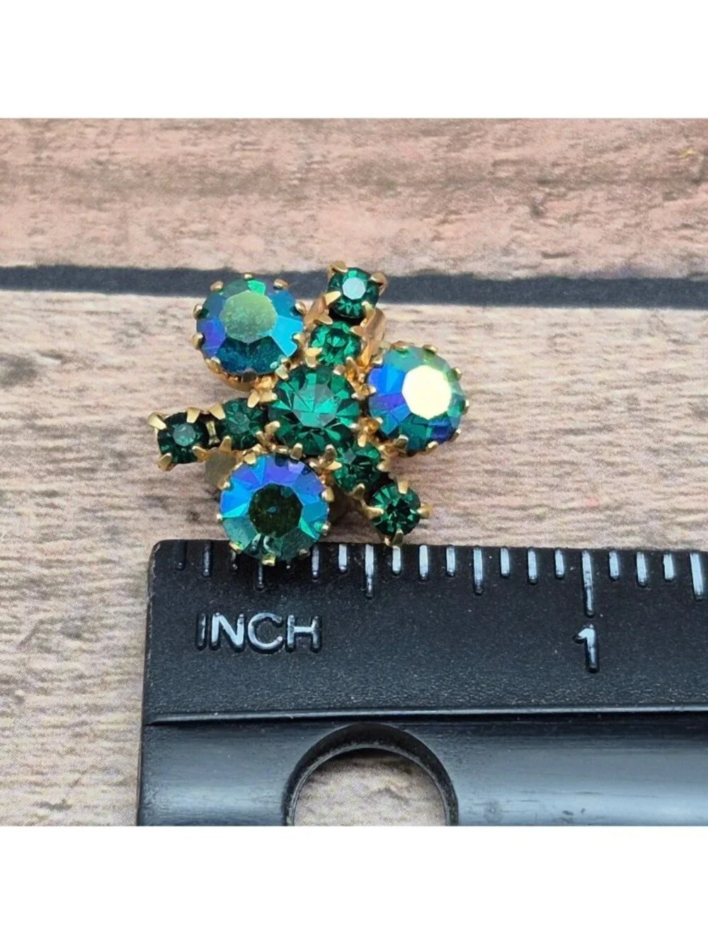 Vintage 50's 60's Signed Austria Green & Blue AB Rhinestone Dainty Clip Earrings